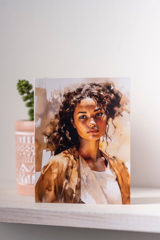 Watercolor portrait of a young African American woman in relaxed pose, rendered in soft tones with contemplative expression.