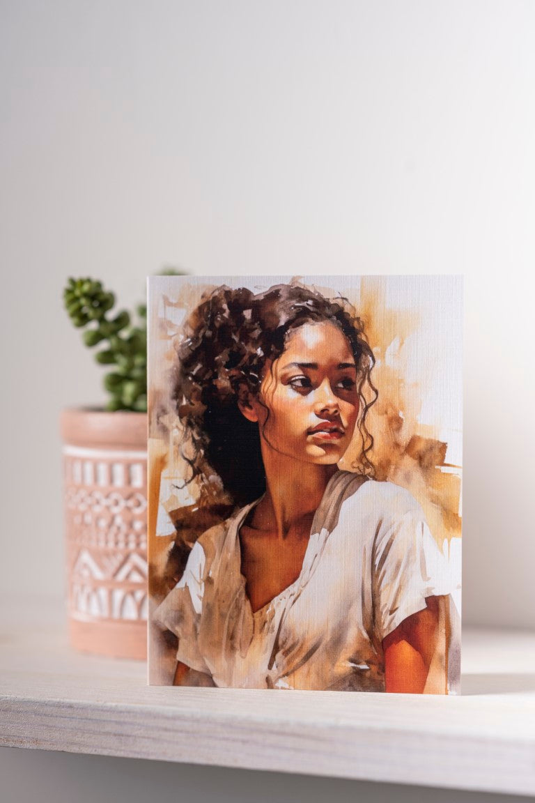 Watercolor portrait of a young African American woman in relaxed pose, rendered in soft tones with contemplative expression