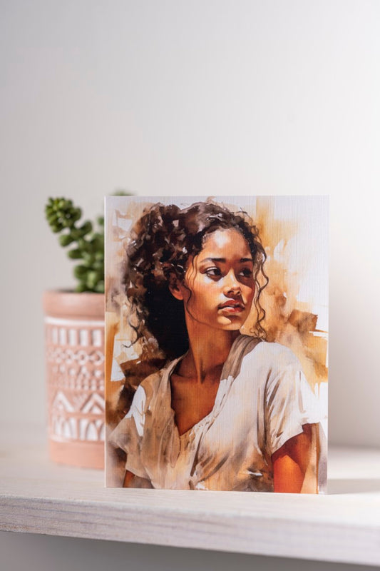 Watercolor portrait of a young African American woman in relaxed pose, rendered in soft tones with contemplative expression