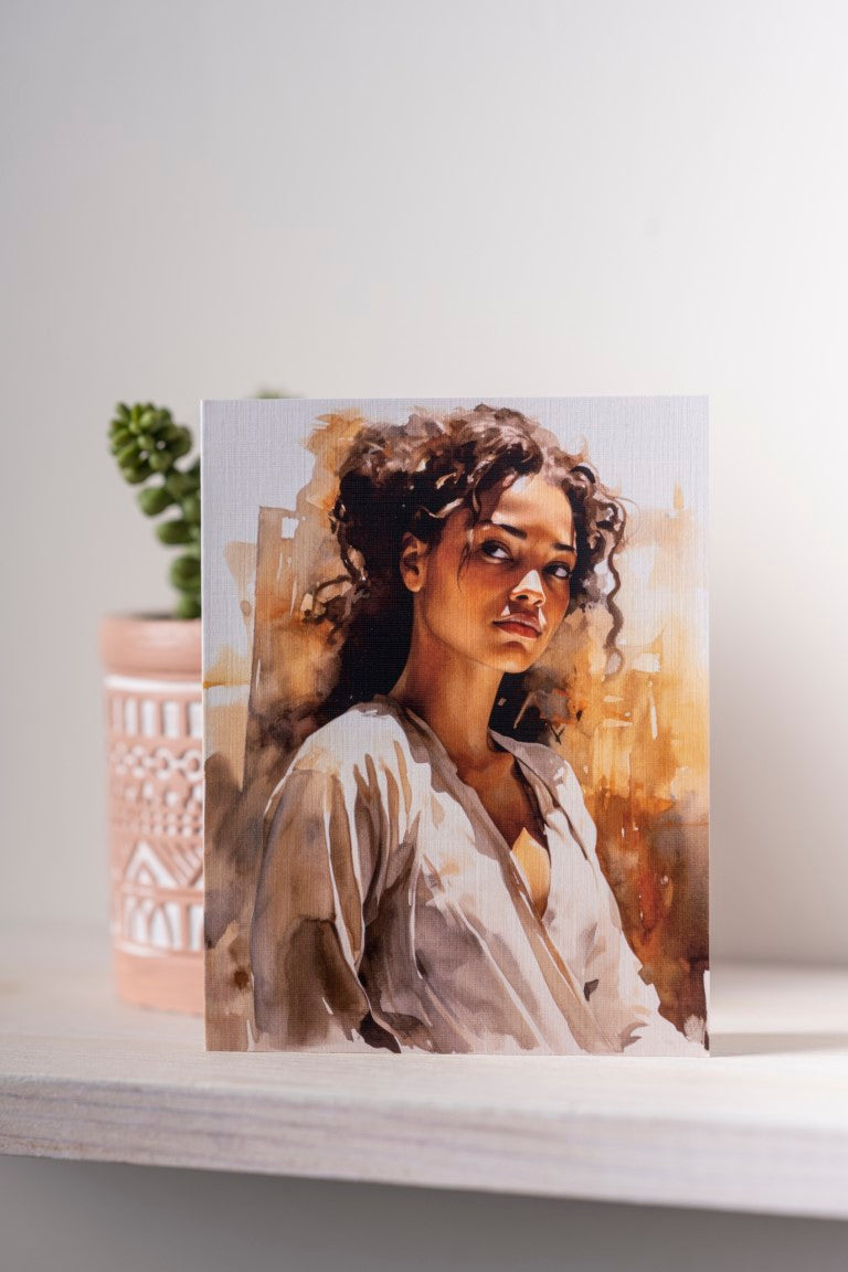 Watercolor portrait of a young African American woman in relaxed pose, rendered in soft tones with contemplative expression