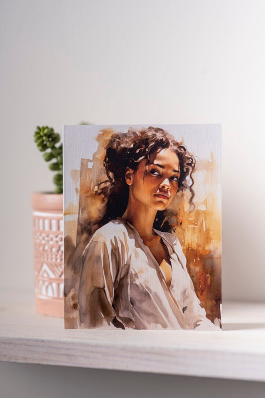 Watercolor portrait of a young African American woman in relaxed pose, rendered in soft tones with contemplative expression