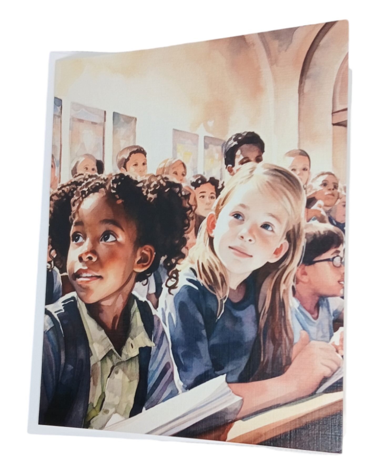 Note card with a watercolor-style image of diverse children in a classroom, with two students looking off-image, part of the Brown v. Board of Education series.
Image Description: A note card featuring diverse students in a classroom, with two children’s attention caught by something off-image. The scene is depicted in soft watercolor tones. Part of the Brown v. Board of Education series. Blank inside.