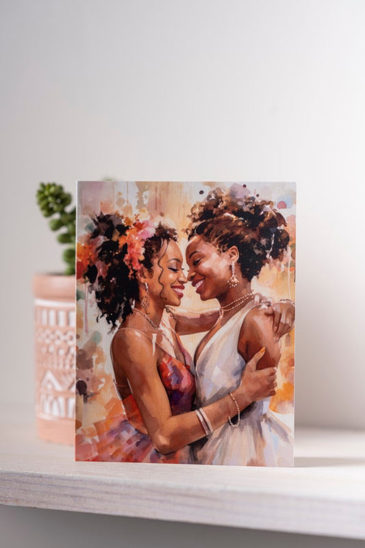 Intimate watercolor portrait of two Black brides in a loving embrace on their wedding day, rendered in soft, romantic tones.