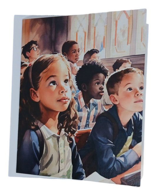 Note card featuring a watercolor image of a diverse students in a classroom of students looking toward a teacher to the front of the class (off-image), part of the Brown v. Board of Education series.
Image Description: A note card showing a diverse classroom of students looking at a teacher off-screen, depicted in soft watercolor tones. Part of the Brown v. Board of Education series. Printed on linen-textured paper with a blank inside.