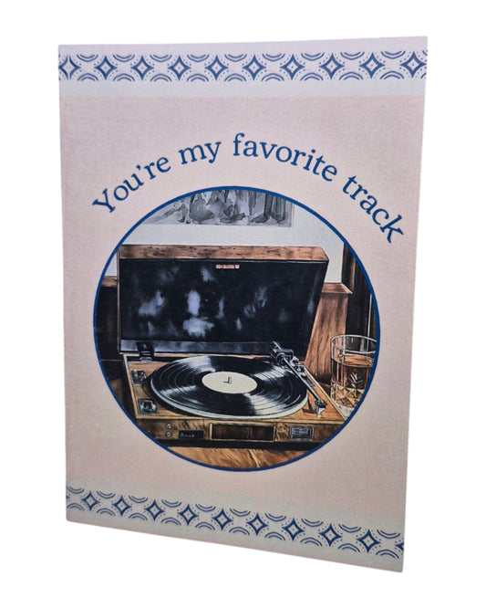 A nostalgic card featuring a clear illustration of a vintage record player. Cover celebrates the impact of words with a musical reference, opening to express appreciation for meaningful communication.
Quality A6 card (4.5" x 6.25") with matching envelope. Designed with high-contrast elements and clear, readable text.