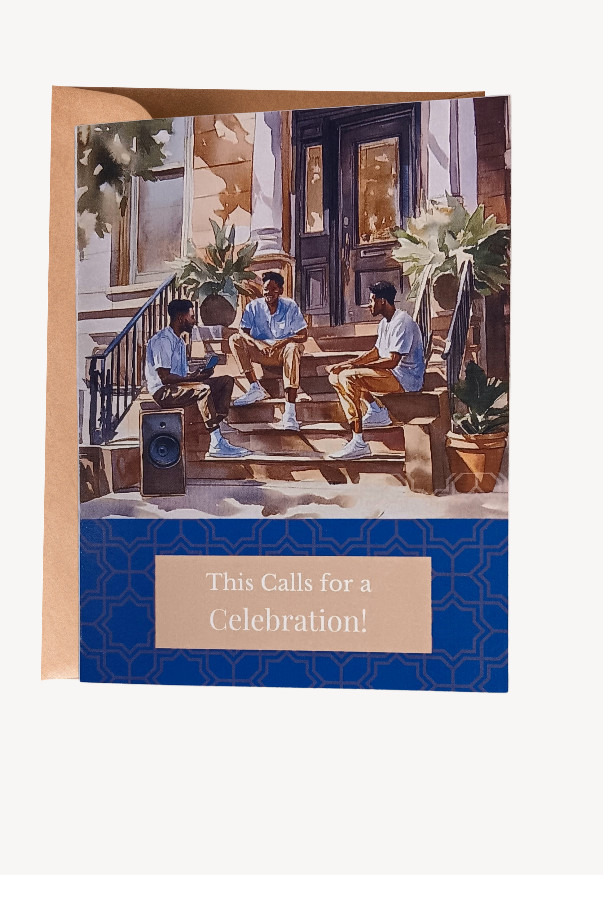Modern A2 note card featuring watercolor illustration of three young men sharing a celebratory moment on front steps. Cover reads 'This Calls for a Celebration!', honoring achievement with authentic joy. Deep Sapphire. Includes choice of brown kraft or white linen envelope.