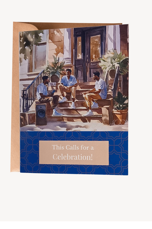 Modern A2 note card featuring watercolor illustration of three young men sharing a celebratory moment on front steps. Cover reads 'This Calls for a Celebration!', honoring achievement with authentic joy. Deep Sapphire. Includes choice of brown kraft or white linen envelope.