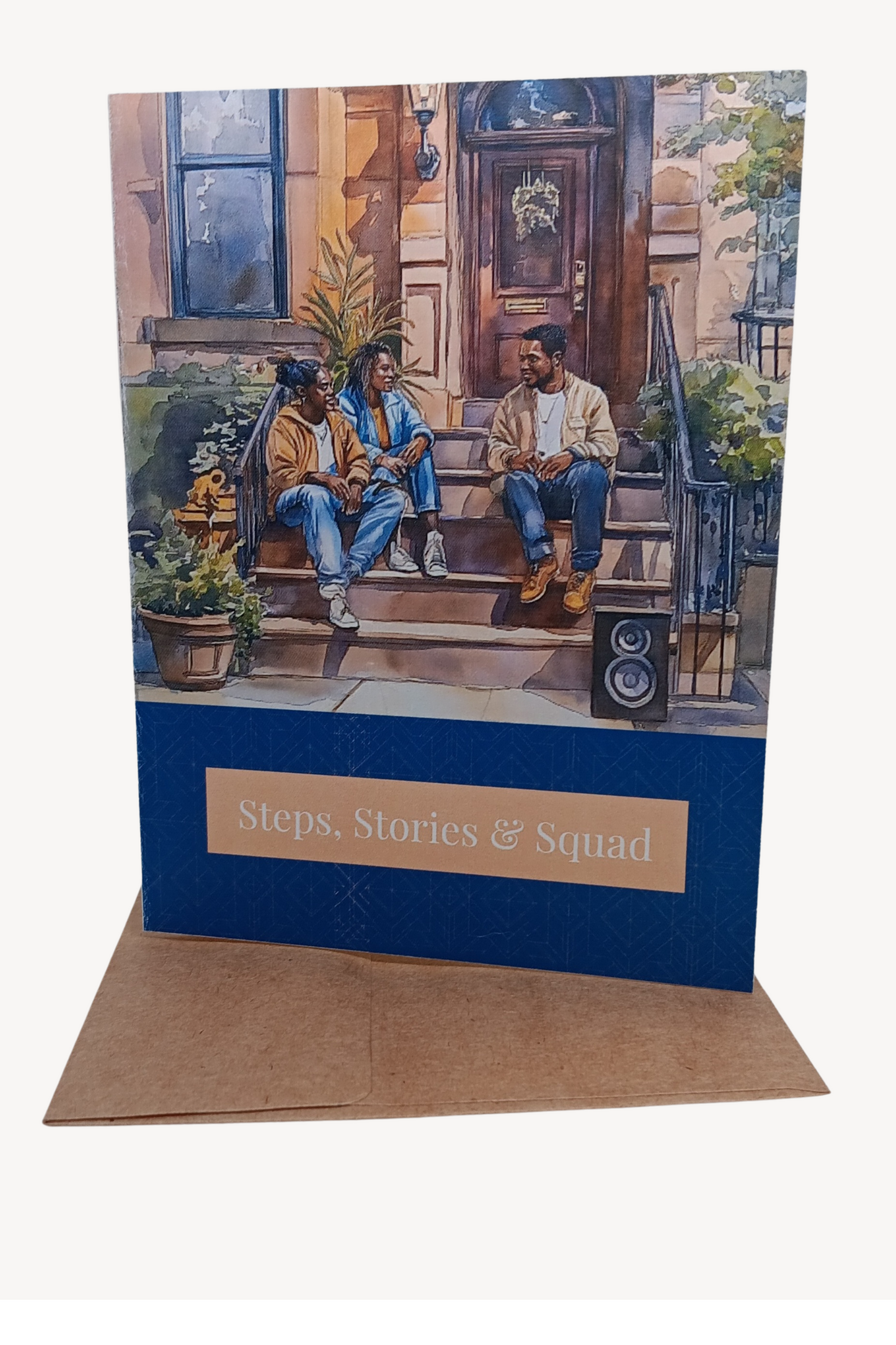 Modern A2 note card featuring watercolor illustration of three friends sharing meaningful moments on front steps. Cover reads 'Steps, Stories & Squad', celebrating friendship and excellence. Deep Sapphire. Includes choice of brown kraft or white linen envelope.