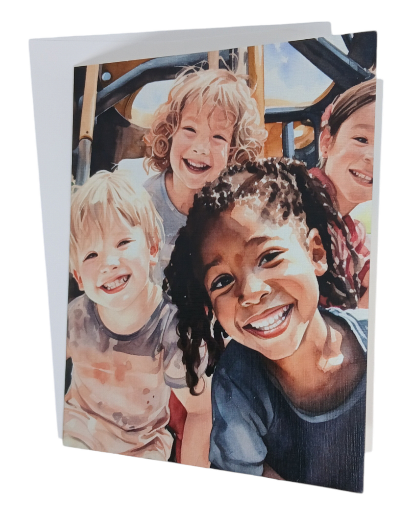 Note card with a watercolor of children of different races smiling and playing on playground equipment, part of the Brown v. Board of Education series.
Image Description: A note card featuring a group of diverse children smiling and playing on a playground, depicted in soft watercolor tones. Part of the Brown v. Board of Education series. Blank inside.