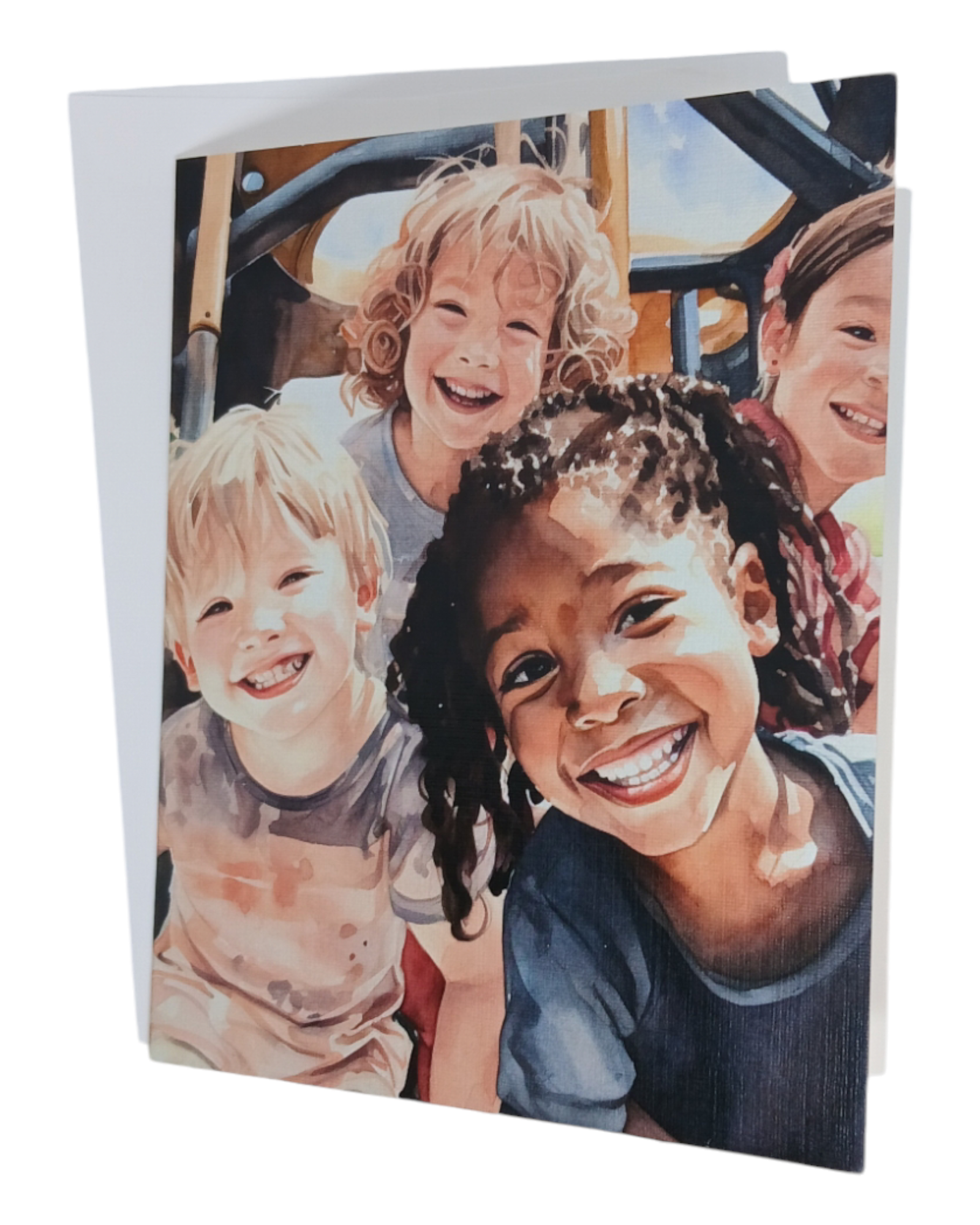 Note card with a watercolor of children of different races smiling and playing on playground equipment, part of the Brown v. Board of Education series.
Image Description: A note card featuring a group of diverse children smiling and playing on a playground, depicted in soft watercolor tones. Part of the Brown v. Board of Education series. Blank inside.