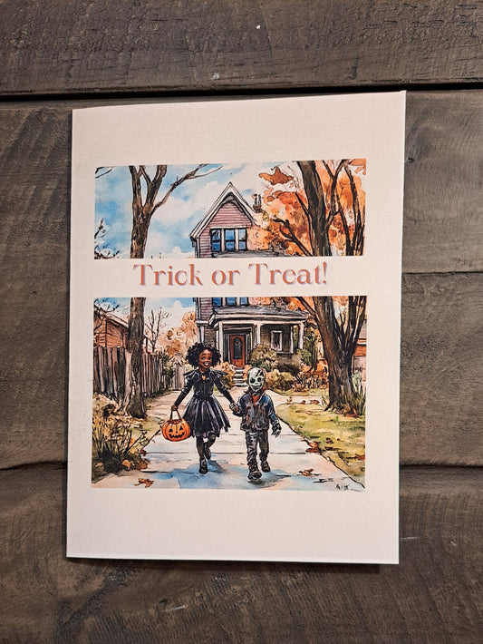 Halloween card with two children in costume walking down a suburban street, with the message “Trick or Treat!”
Image Description: A greeting card showing two children in Halloween costumes walking down a suburban street after leaving aneighborhoos home. The cover says “Trick or Treat!” and the inside reads “Let the Halloween fun begin! Here’s to laughter and bunches of treats.”