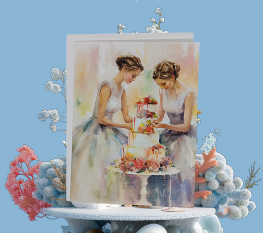 Watercolor image of two brides in white gowns cutting their wedding cake together, rendered in soft pastel blues and coral tones.