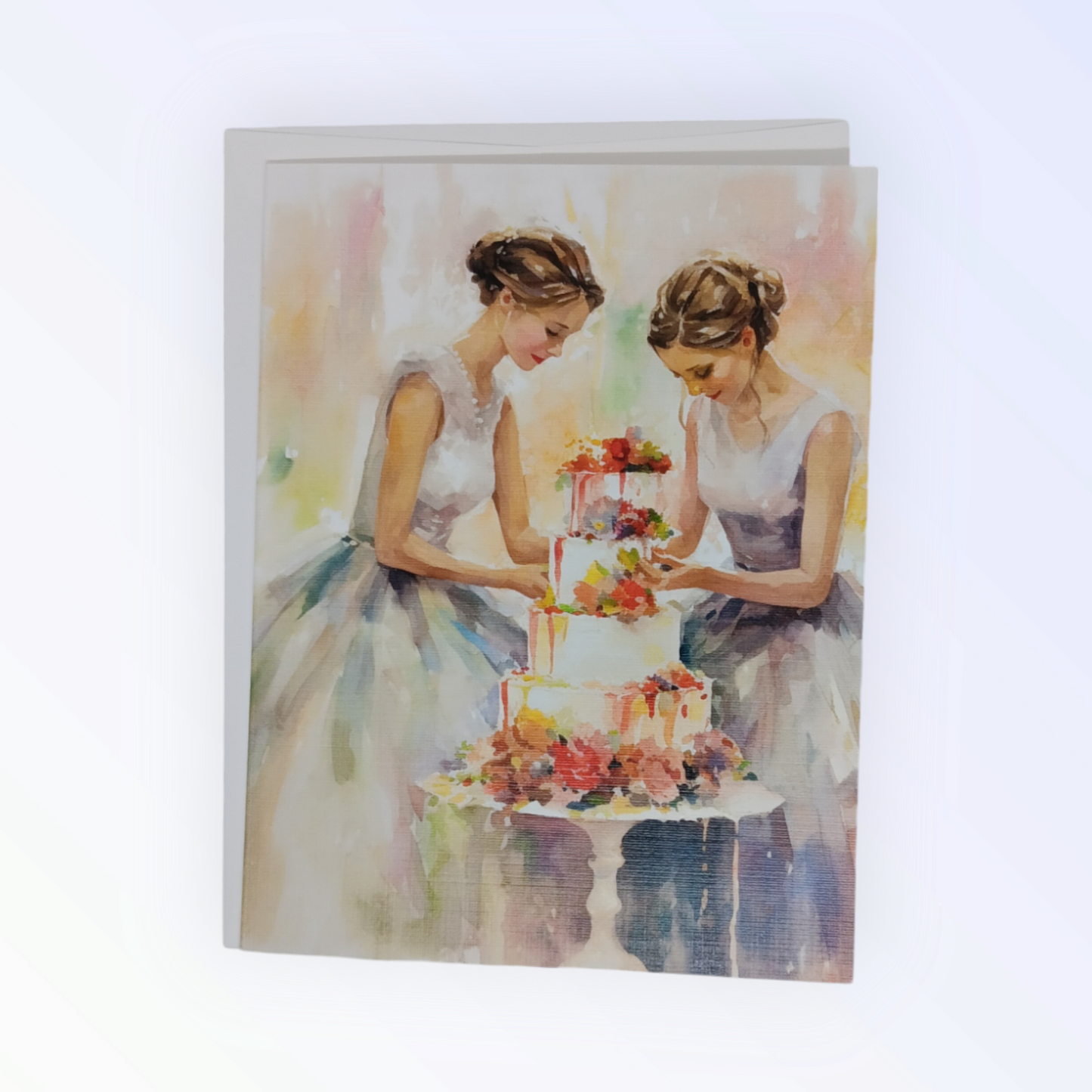 Note card with a watercolor of two brides cutting their wedding cake, in soft pastel shades of light blue and coral.
Image Description: A note card showing two brides at their wedding cake in a watercolor style, with light blue and coral tones. The card is printed on premium linen paper with a woven texture and is blank inside for a personal message