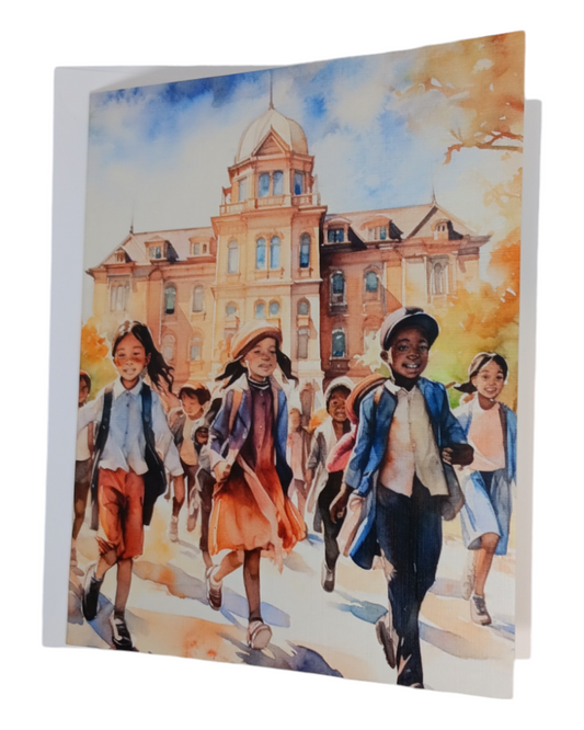 Note card with a watercolor of diverse students leaving a school building, part of the Brown v. Board of Education series.
Image Description: A note card showing a group of diverse students exiting a school building in soft watercolor tones, symbolizing educational progress. Part of the Brown v. Board of Education series. Blank inside.