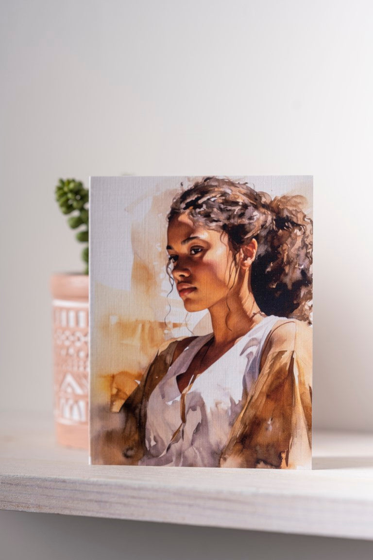 Watercolor portrait of a young African American woman in relaxed pose, rendered in soft tones with contemplative expression.