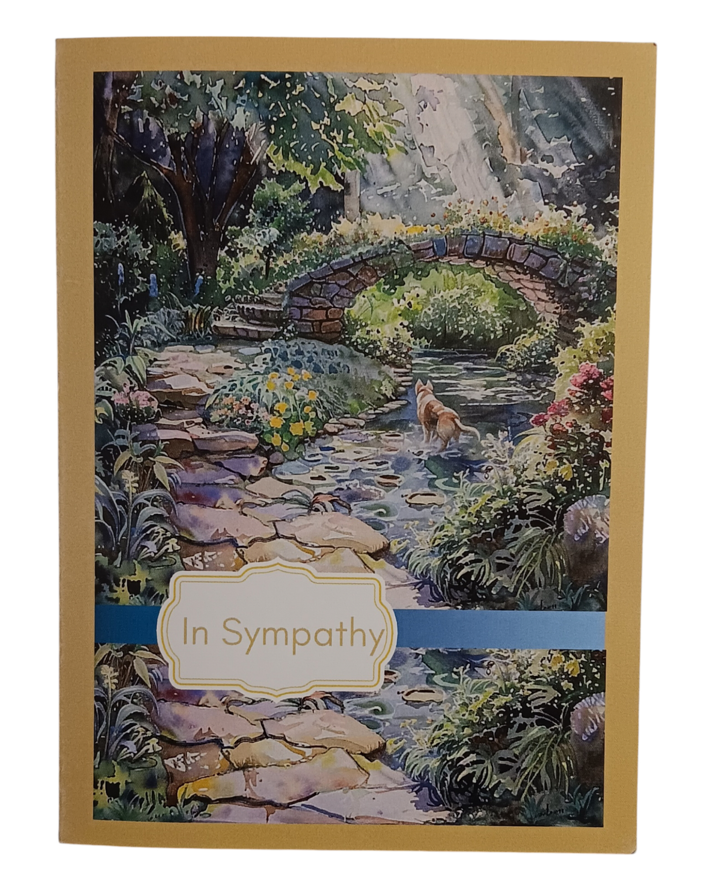 Pet sympathy card with a watercolor scene of a slate path and bridge, with a dog playing in a garden stream under sunlight. The cover reads: “In Sympathy.”
Image Description: A soothing pet sympathy card showing a garden scene with a slate path and bridge, a dog in a stream, and sunlight. The inside message reads: “Your loyal friend will always be a part of you."