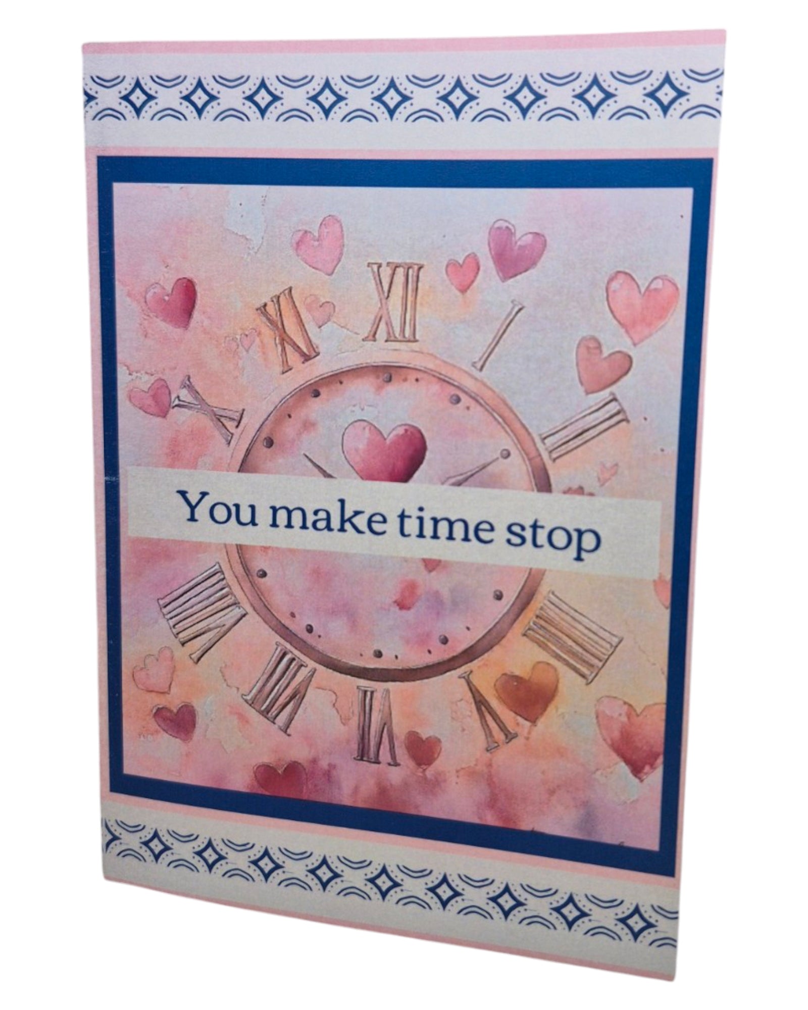 A thoughtful card celebrating shared moments, featuring a clear clock face design. Cover message "You make time stop" leads to the interior message celebrating life's precious conversations and time spent together.

Quality A6 card (4.5" x 6.25") with matching envelope. Features high-contrast design and easy-to-read text throughout.