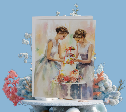 Note card with a watercolor of two brides cutting their wedding cake, in soft pastel shades of light blue and coral.
Image Description: A note card showing two brides at their wedding cake in a watercolor style, with light blue and coral tones. The card is printed on premium linen paper with a woven texture and is blank inside for a personal message.