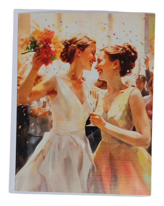 Note card showing two brides in wedding gowns, one holding a bouquet and the other a champagne flute, in coral, peach, and white tones.
Image Description: A note card featuring two brides toasting on their wedding day, one with a bouquet, the other with a champagne flute, in soft coral, peach, and white. The card is printed on premium linen paper with a blank inside.